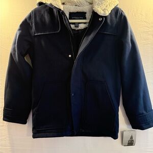 London Fog Kids Dark Blue Pea Coat with Cream Faux Fur Lining L (14-16)